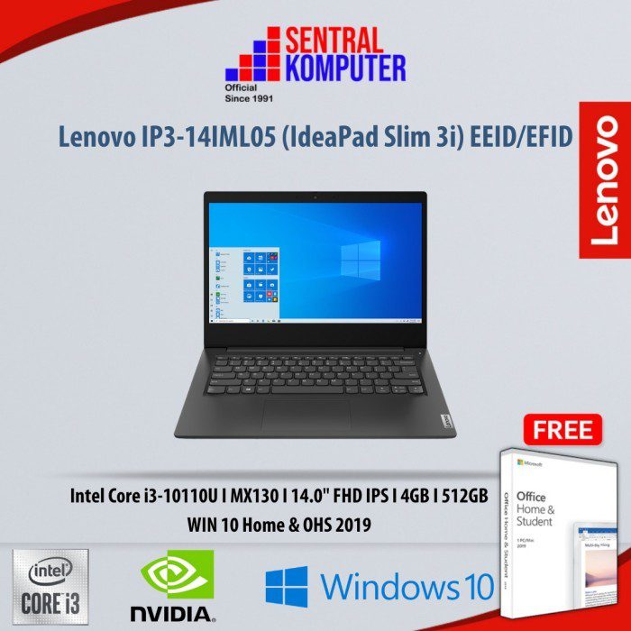 Lenovo Ideapad Slim 3 i3 10110U I 4GB I 512GB I MX130 2GB I  Windows 10 & OHS19