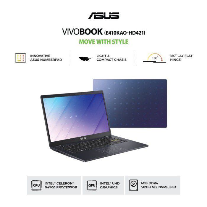 ASUS VIVOBOOK E410KAO-HD421/HD422/HD424 (Intel® Celeron® N4500 Processor 1.1 GHz (4M Cache, up to 2.8 GHz, 2 cores)