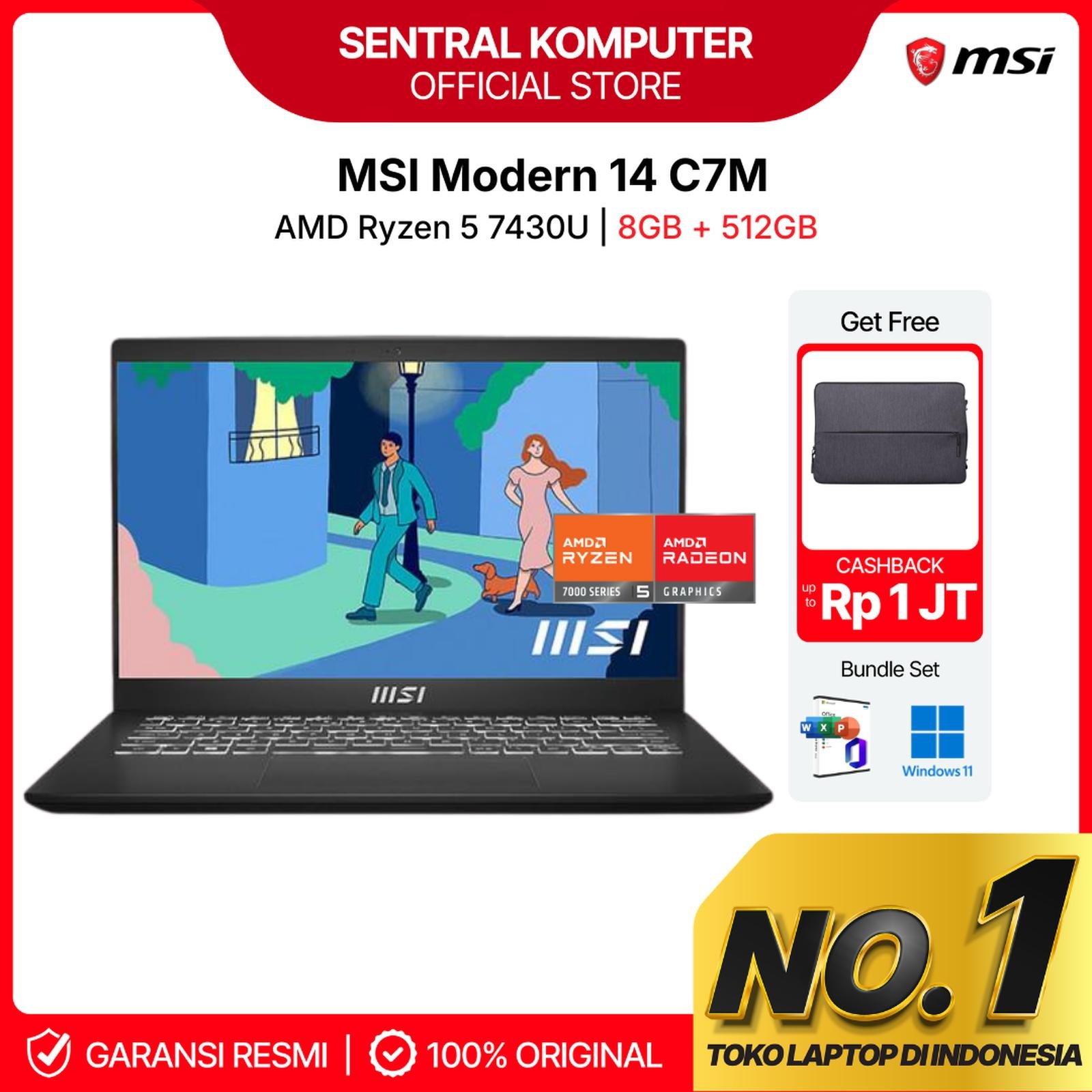 MSI Modern 14 C7M Ryzen 5 7530U 8GB 512GB VEGA 7 14" FHD OHS W11