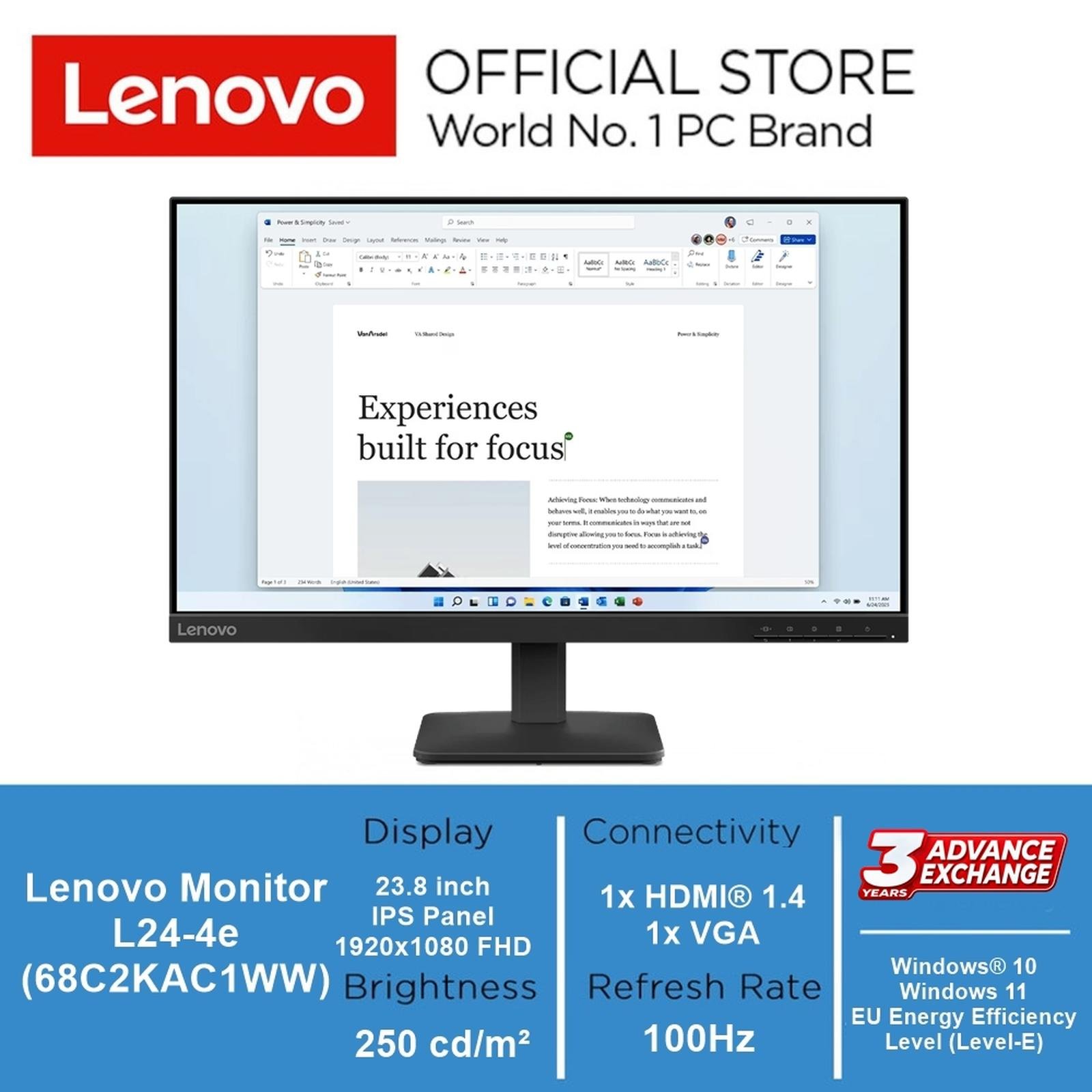 Lenovo Monitor L24-4e 23.8" FHD IPS Panel 100Hz Anti-glare