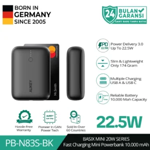 AUKEY PB-N83S CCC Certified Powerbank 10.000mAh Multi Port Type C In / Out 20W PD 3.0, USB A Out 22.5W Slim And Portable Design - N83S