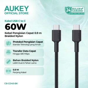 AUKEY CB-CD45 KABEL USB Type C to C 45W 0.9M Braided Nylon Fast Charging Cable - Black